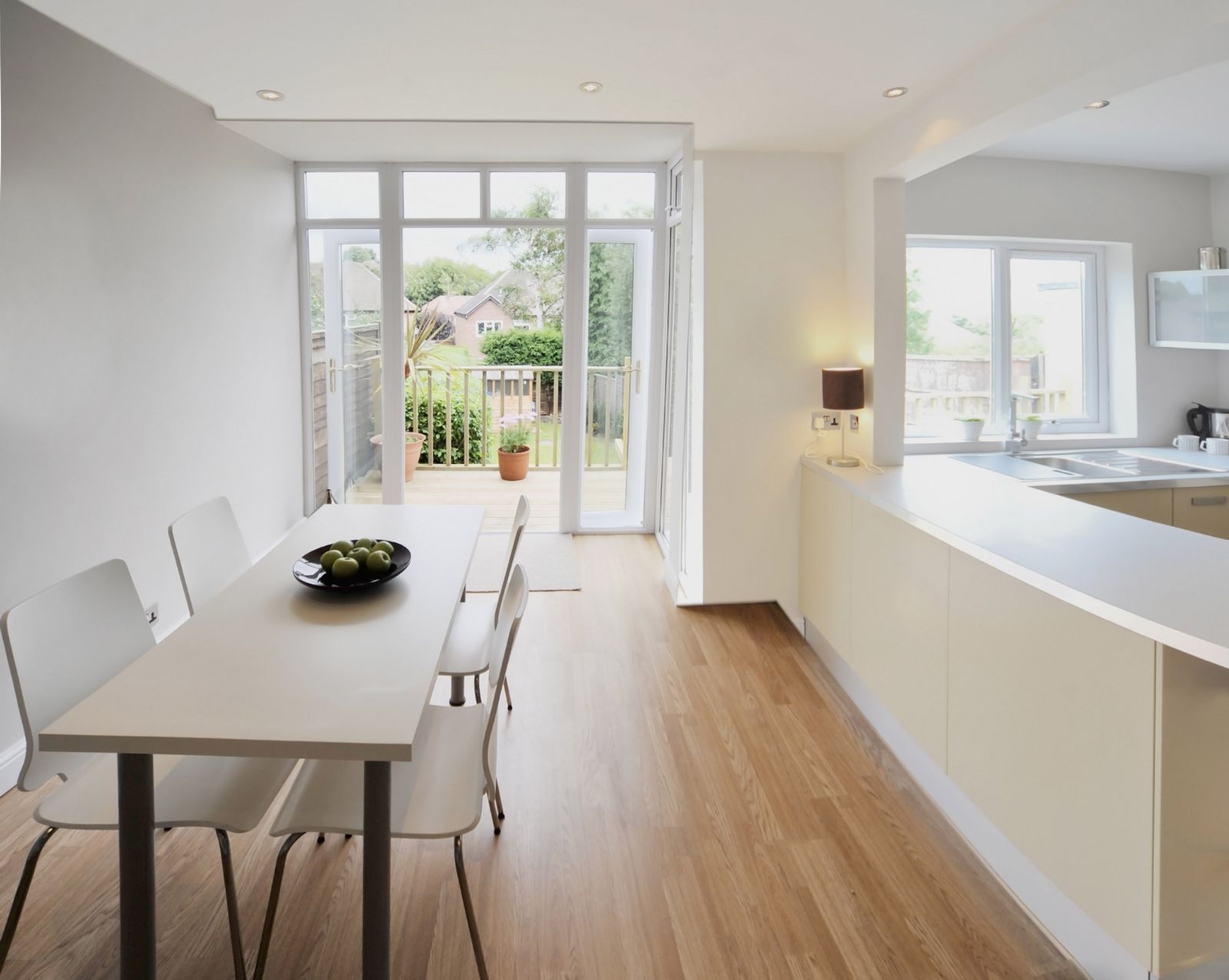 Bright neutral kitchen and dining space
